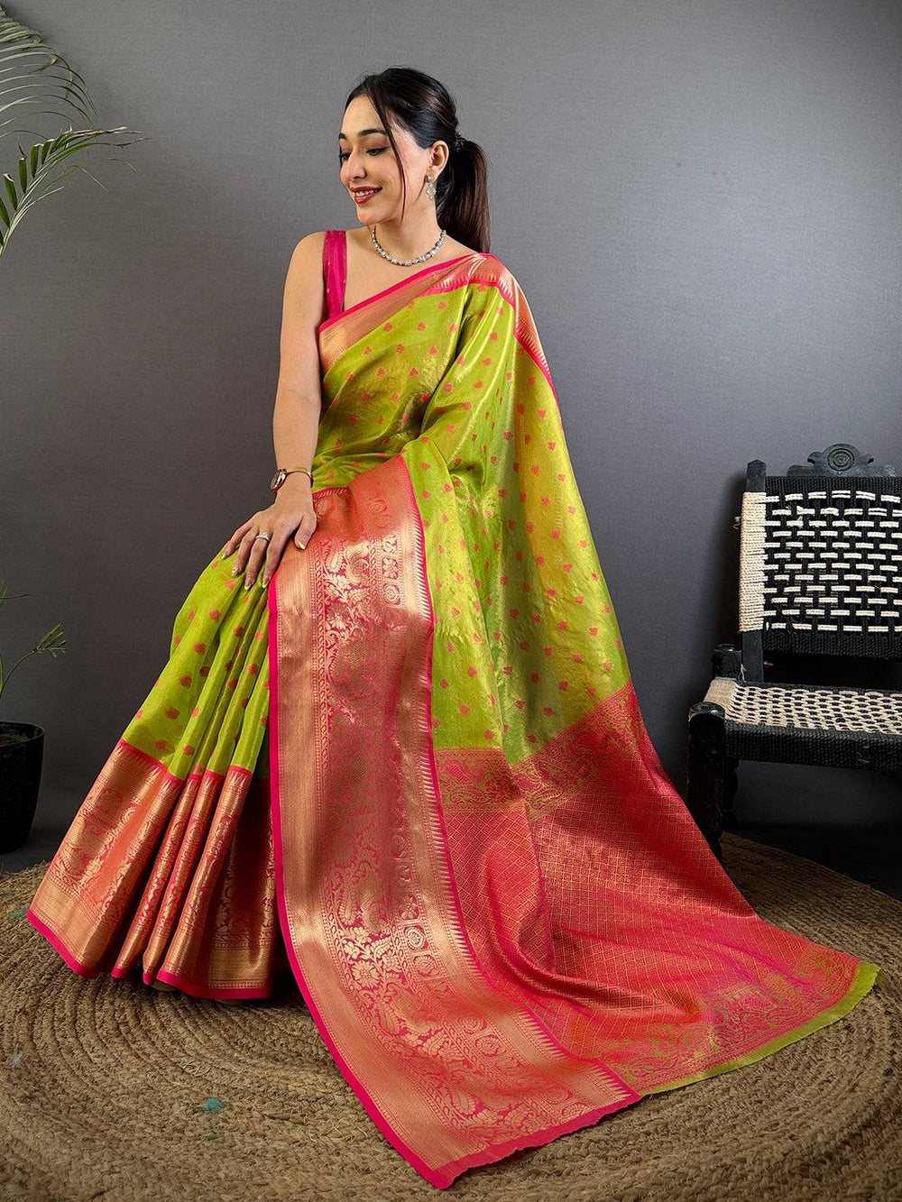 Lime Green & Pink Banarasi Silk Saree with Gold Zari Weaving & Rich Contrast Pallu