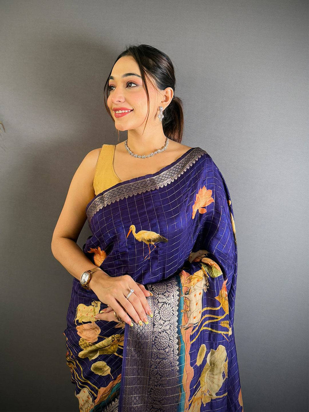 Navy Blue Soft Silk Saree with Floral Digital Print & Silver Zari Border