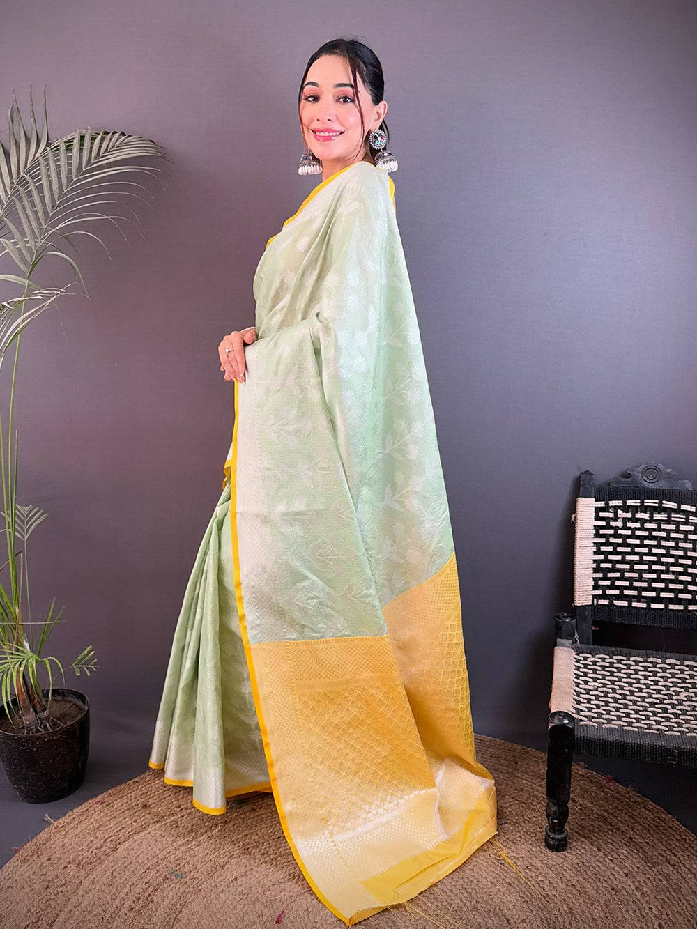 Pastel Green Soft Silk Saree with Silver Zari Weaving & Yellow Border