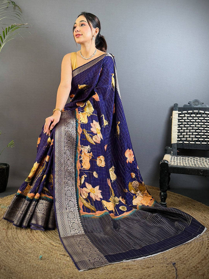 Navy Blue Soft Silk Saree with Floral Digital Print & Silver Zari Border
