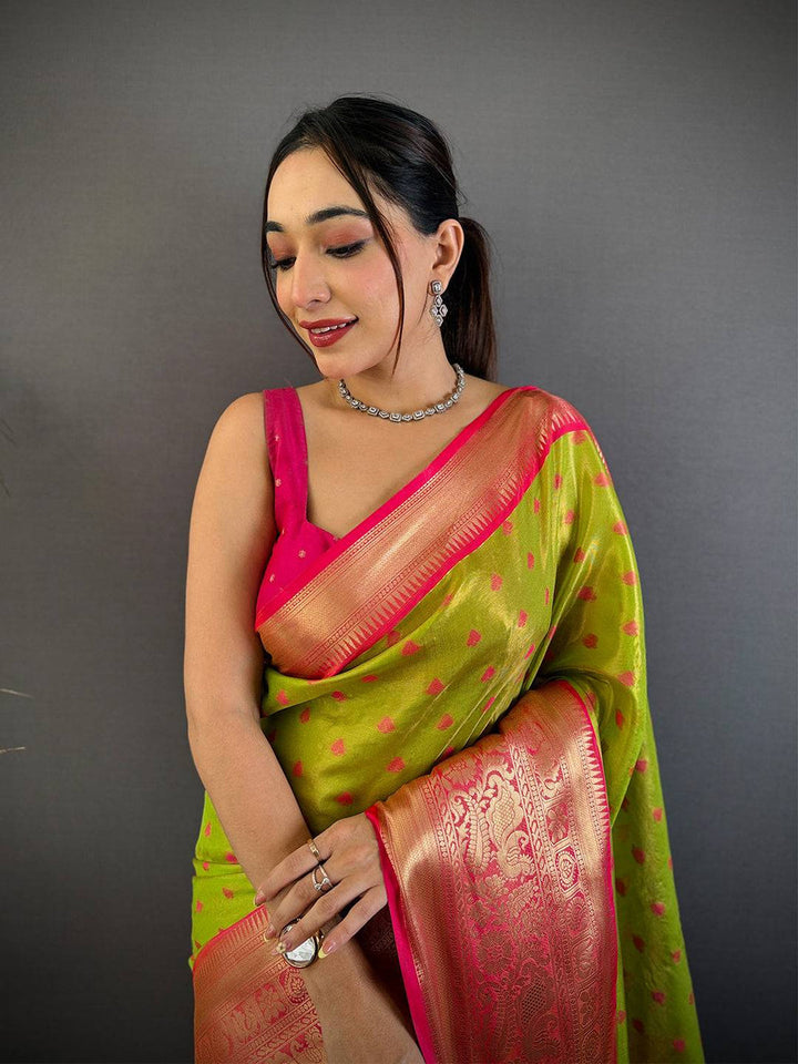 Lime Green & Pink Banarasi Silk Saree with Gold Zari Weaving & Rich Contrast Pallu