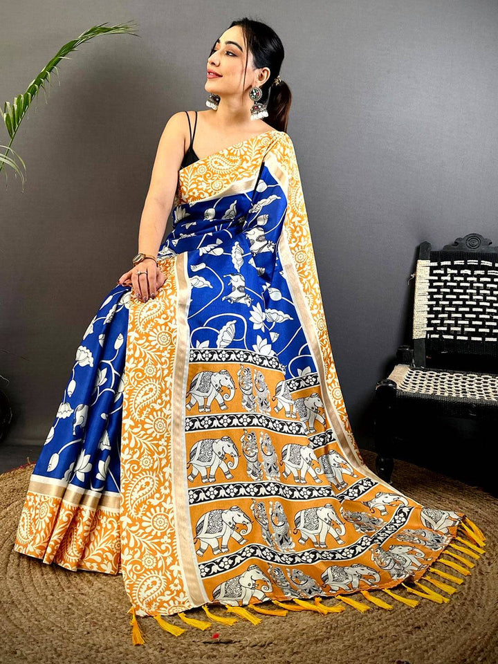 Blue & Mustard Linen Silk Saree with Floral Print & Elephant Motif Border