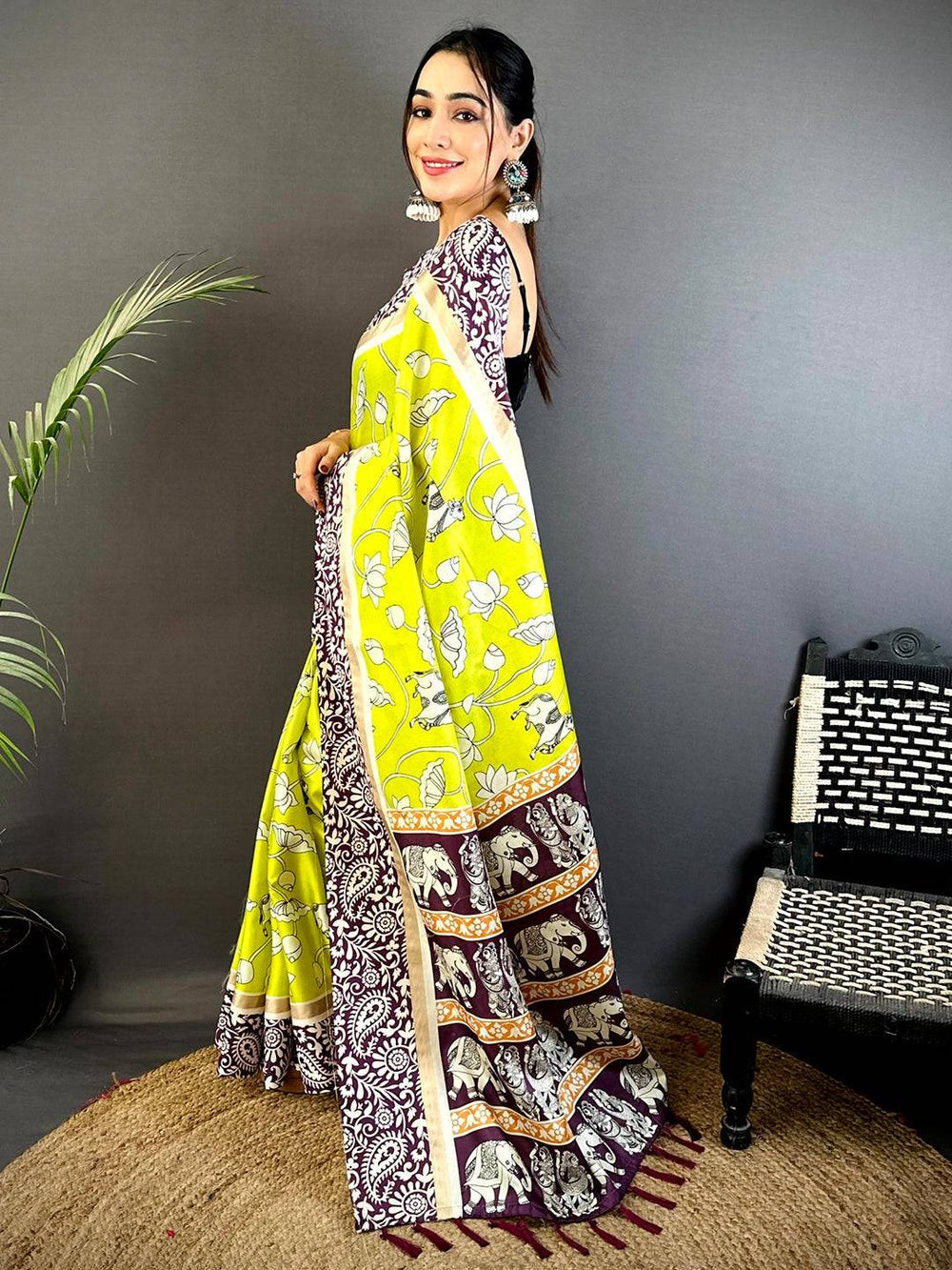 Lime Yellow & Maroon Linen Silk Saree with Floral Print & Elephant Motif Border