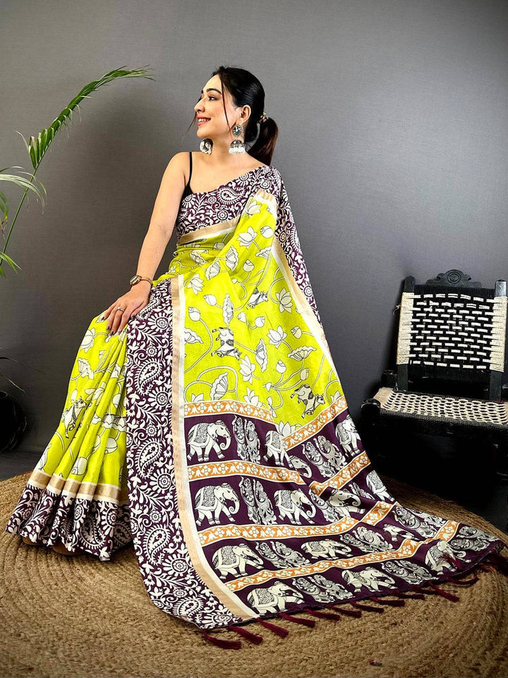Lime Yellow & Maroon Linen Silk Saree with Floral Print & Elephant Motif Border