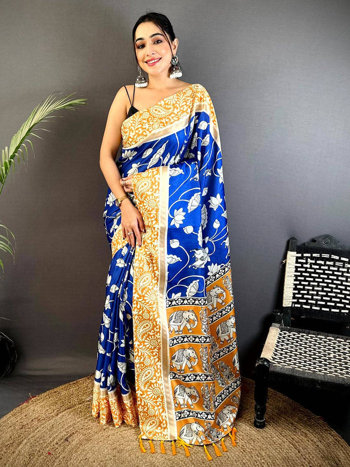 Blue & Mustard Linen Silk Saree with Floral Print & Elephant Motif Border