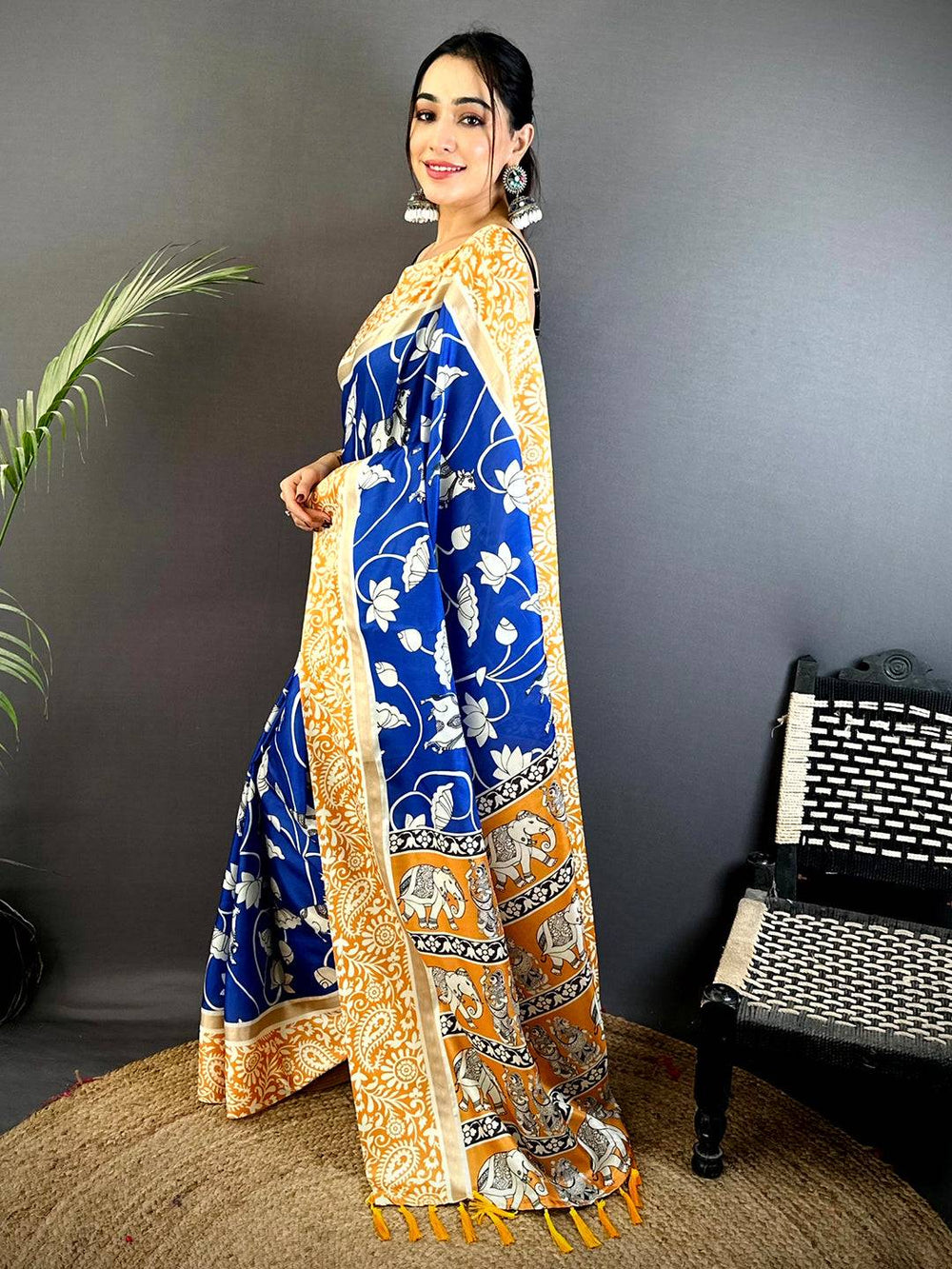 Blue & Mustard Linen Silk Saree with Floral Print & Elephant Motif Border
