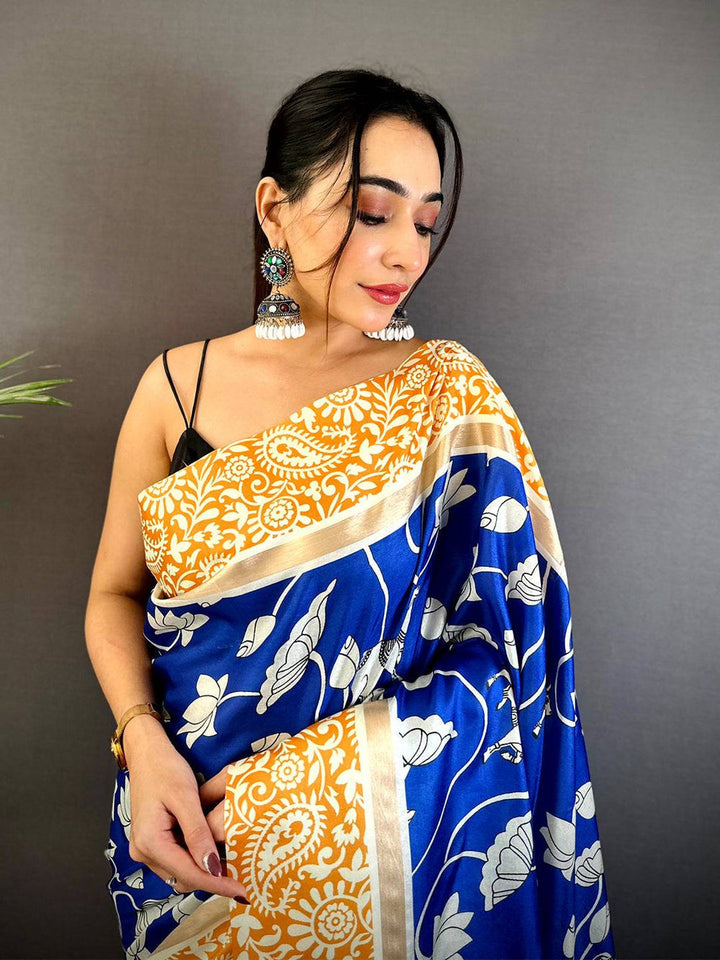 Blue & Mustard Linen Silk Saree with Floral Print & Elephant Motif Border