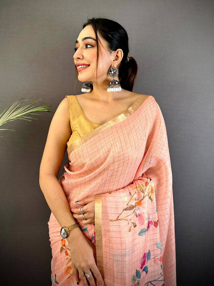 Peach Linen Silk Saree with Multicolor Floral Digital Print & Tassel Border