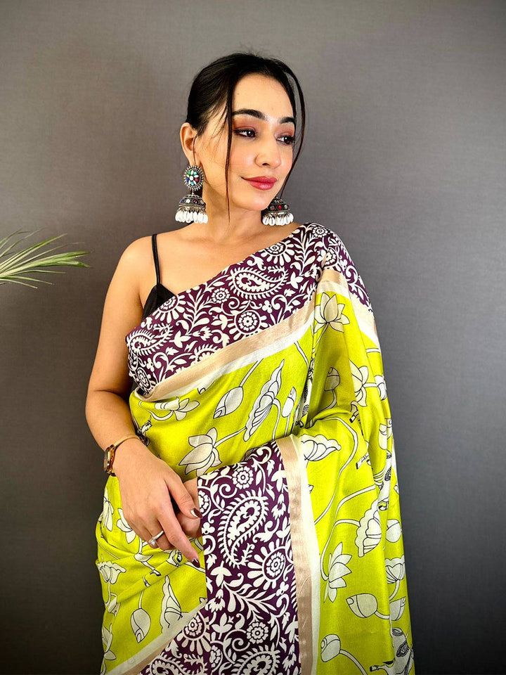 Lime Yellow & Maroon Linen Silk Saree with Floral Print & Elephant Motif Border