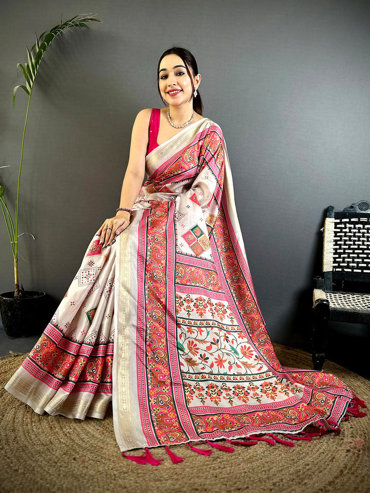 Cream Linen Silk Saree with Multicolor Traditional Print & Pink Contrast Border