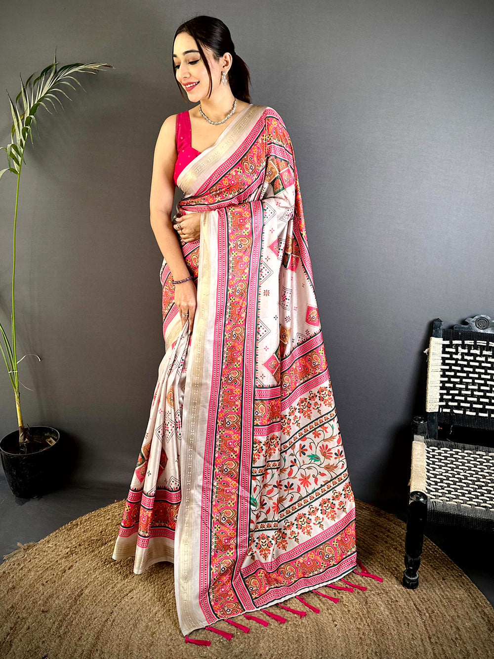 Cream Linen Silk Saree with Multicolor Traditional Print & Pink Contrast Border