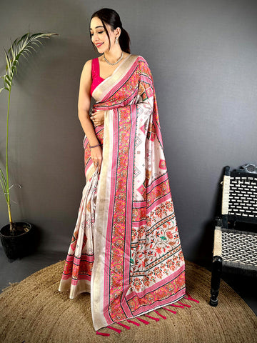Cream Linen Silk Saree with Multicolor Traditional Print & Pink Contrast Border