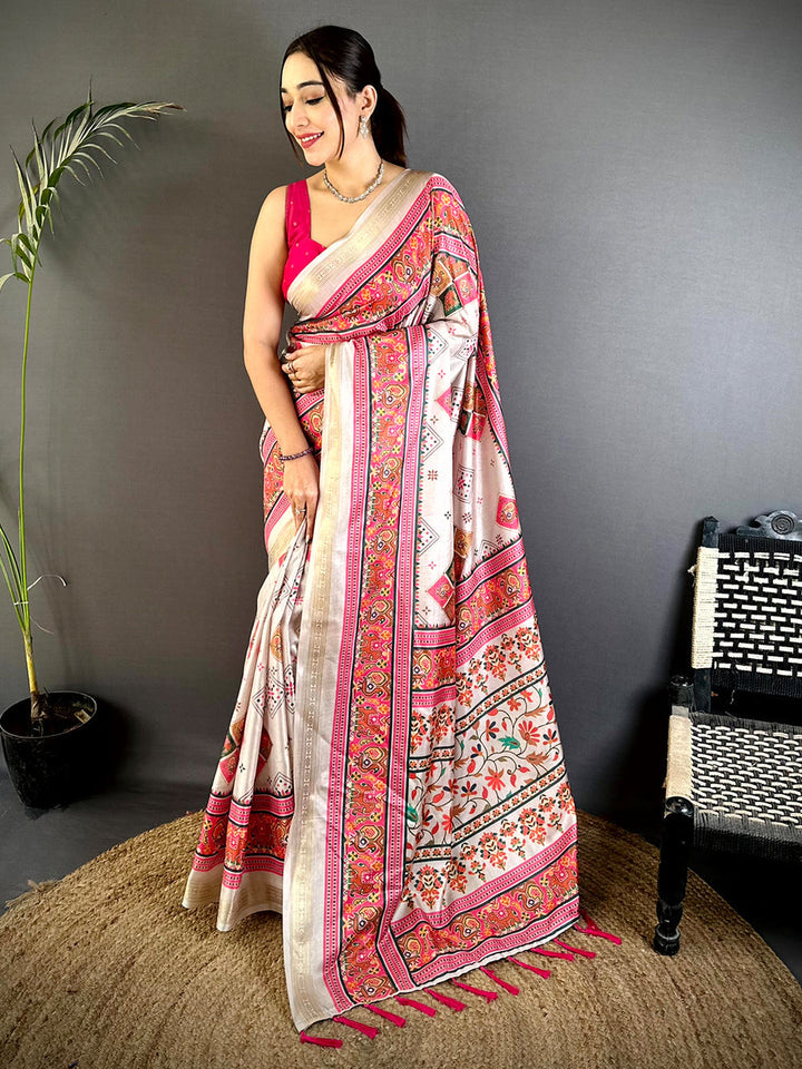 Cream Linen Silk Saree with Multicolor Traditional Print & Pink Contrast Border