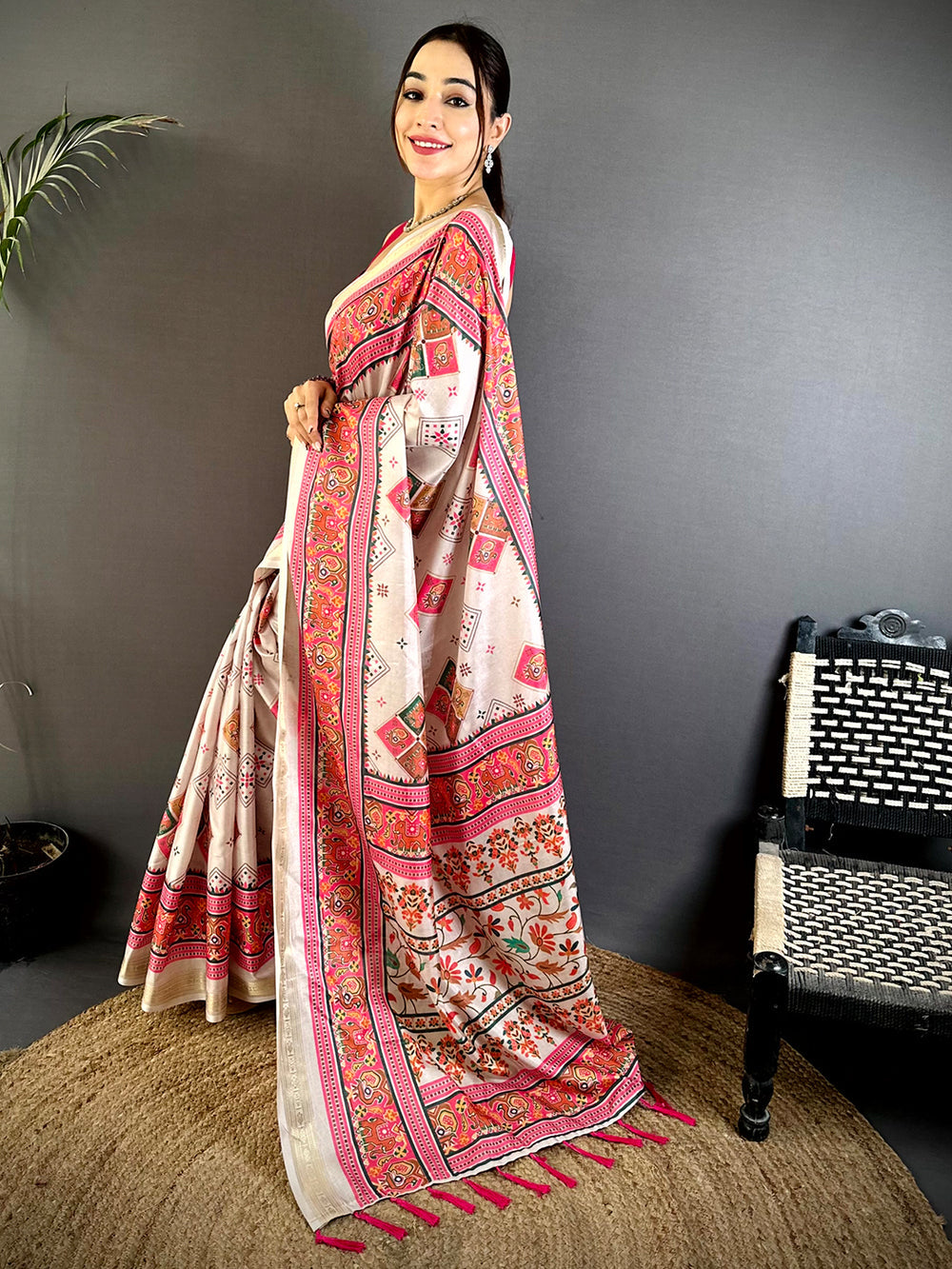 Cream Linen Silk Saree with Multicolor Traditional Print & Pink Contrast Border