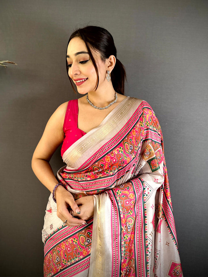 Cream Linen Silk Saree with Multicolor Traditional Print & Pink Contrast Border