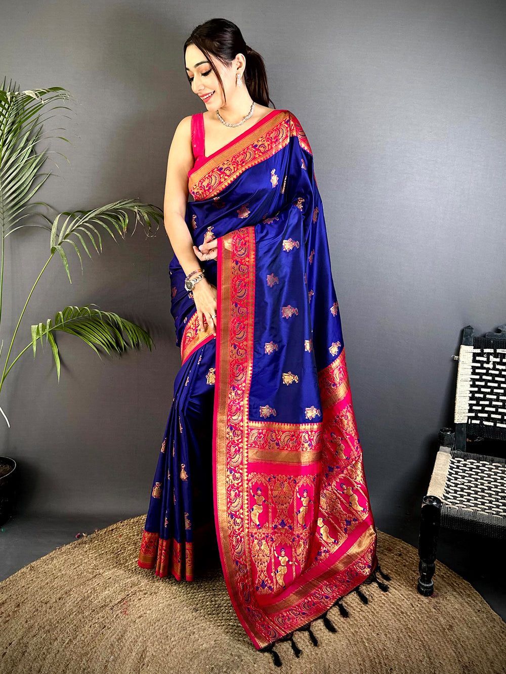 Royal Blue Banarasi Silk Saree with Gold Zari Motifs & Pink Dancing Figure Pallu