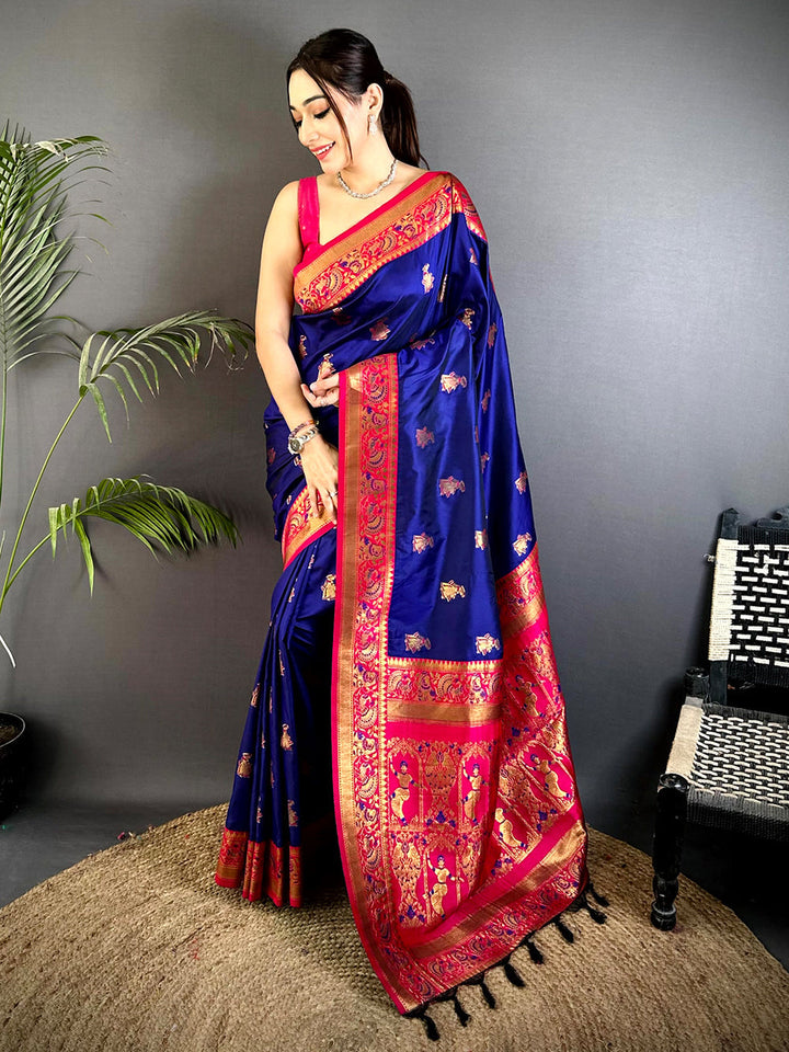 Royal Blue Banarasi Silk Saree with Gold Zari Motifs & Pink Dancing Figure Pallu