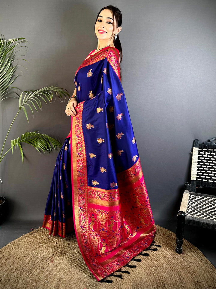 Royal Blue Banarasi Silk Saree with Gold Zari Motifs & Pink Dancing Figure Pallu