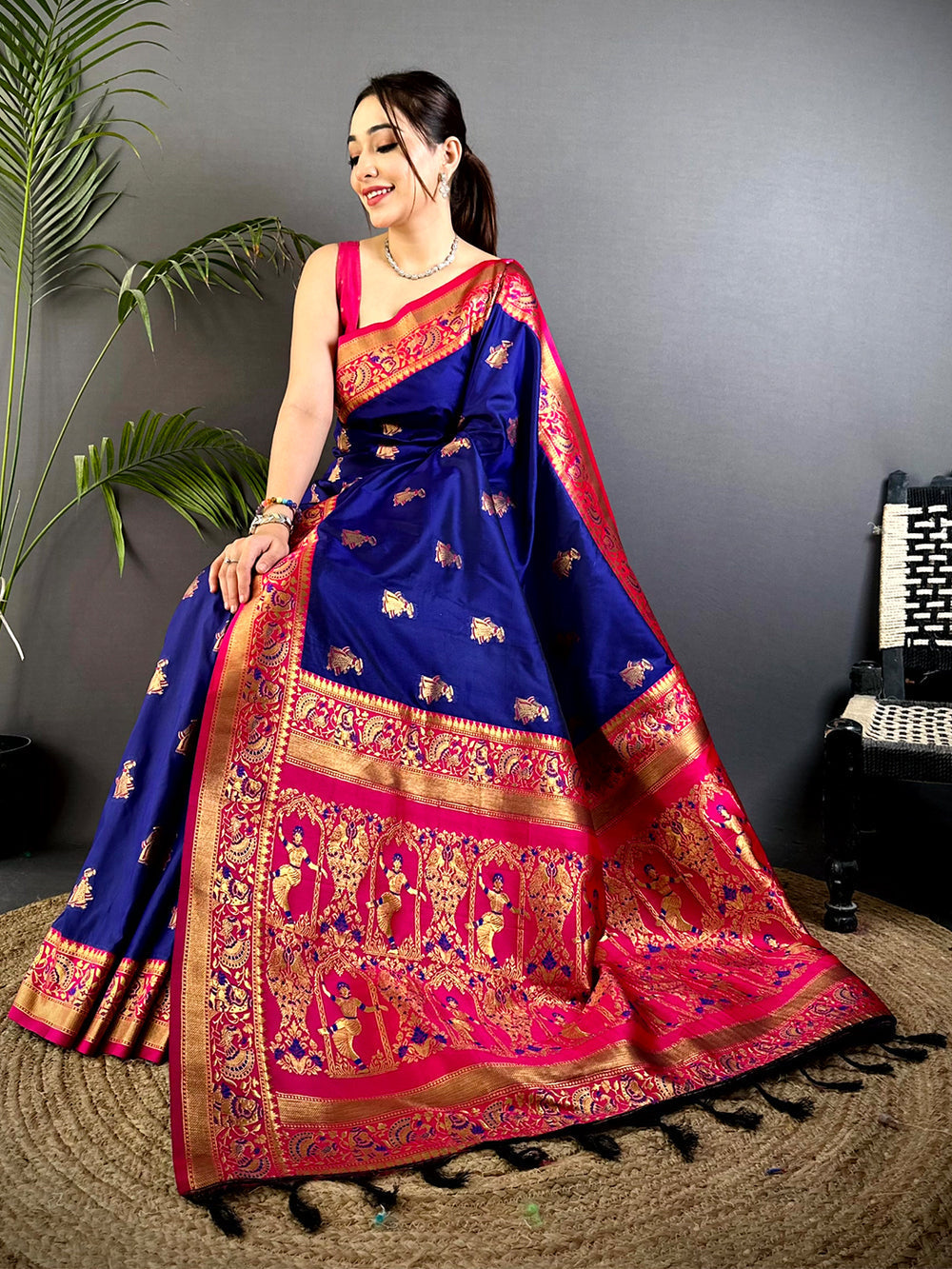 Royal Blue Banarasi Silk Saree with Gold Zari Motifs & Pink Dancing Figure Pallu