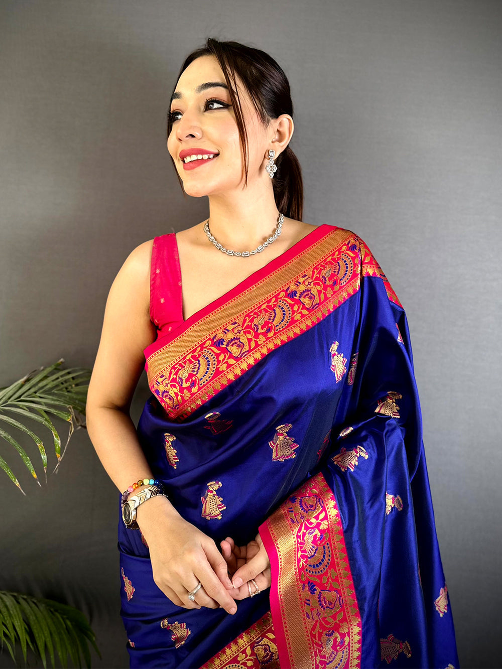 Royal Blue Banarasi Silk Saree with Gold Zari Motifs & Pink Dancing Figure Pallu