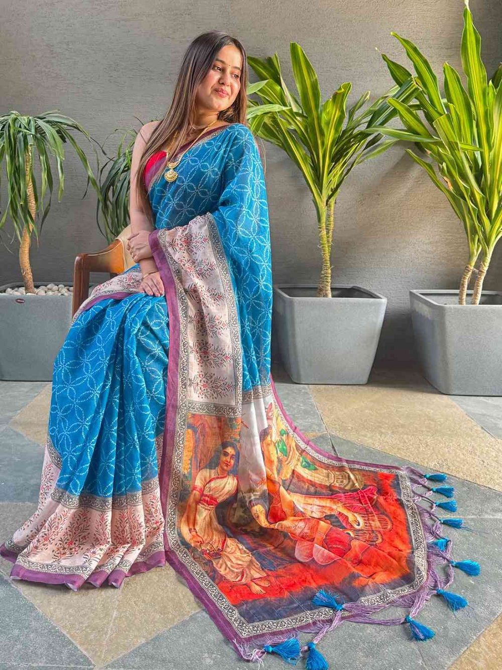 Blue Linen Silk Saree with Geometric Print & Artistic Pallu