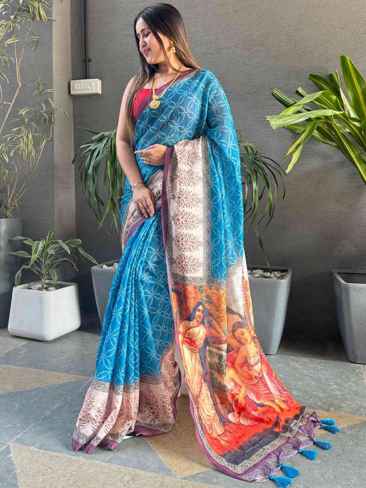 Blue Linen Silk Saree with Geometric Print & Artistic Pallu