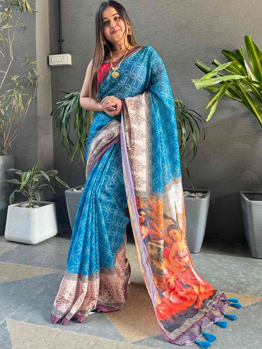 Blue Linen Silk Saree with Geometric Print & Artistic Pallu