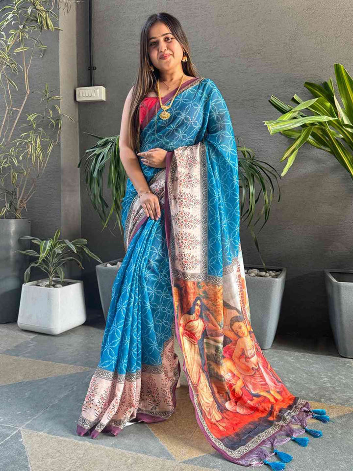 Blue Linen Silk Saree with Geometric Print & Artistic Pallu