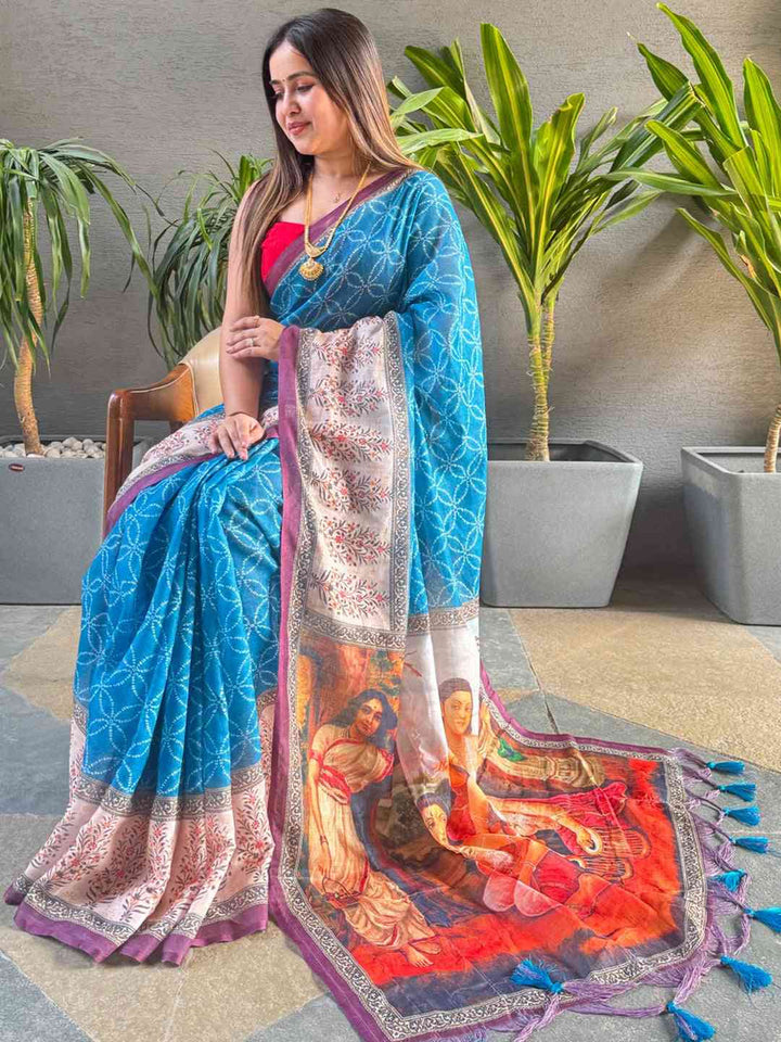 Blue Linen Silk Saree with Geometric Print & Artistic Pallu