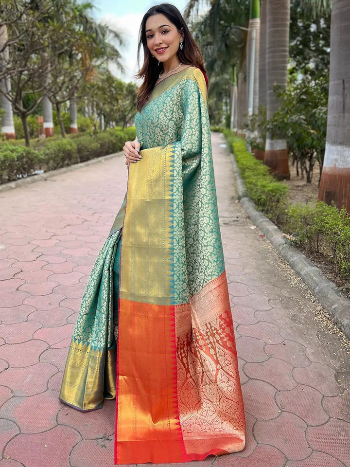 Green Banarasi Silk Saree with Gold Zari Weaving & Contrast Orange Border