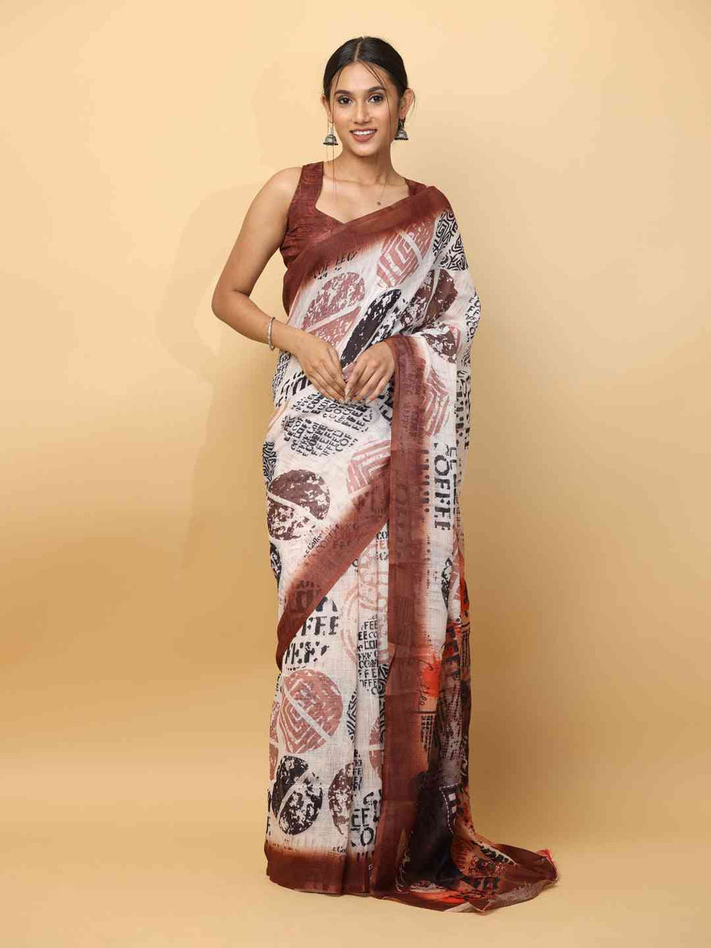 White & Brown Linen Printed Saree with Abstract Coffee Motifs