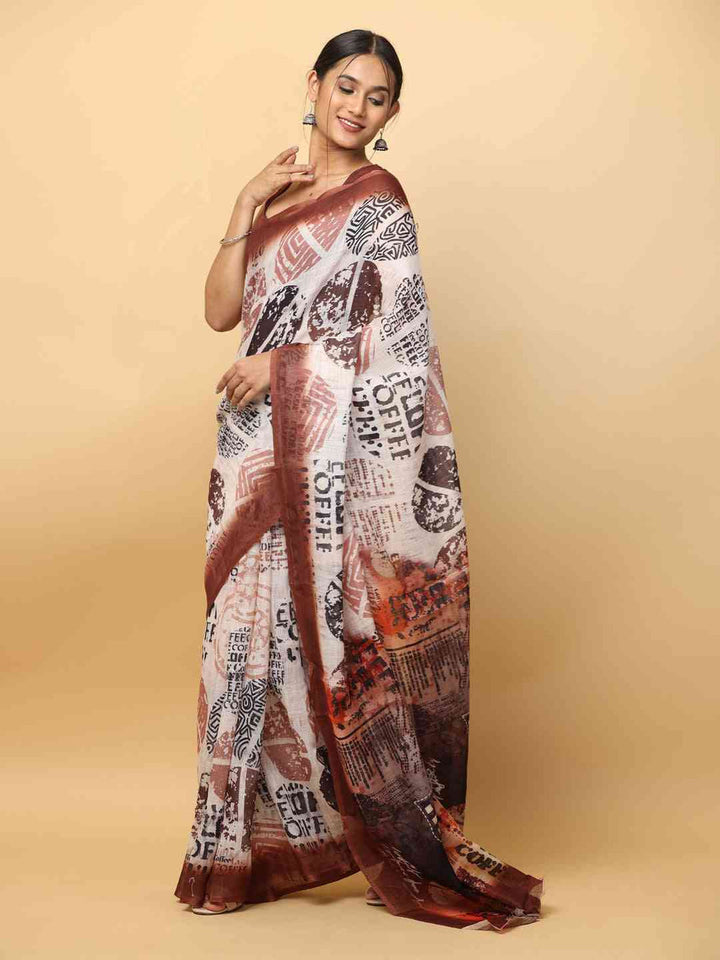 White & Brown Linen Printed Saree with Abstract Coffee Motifs