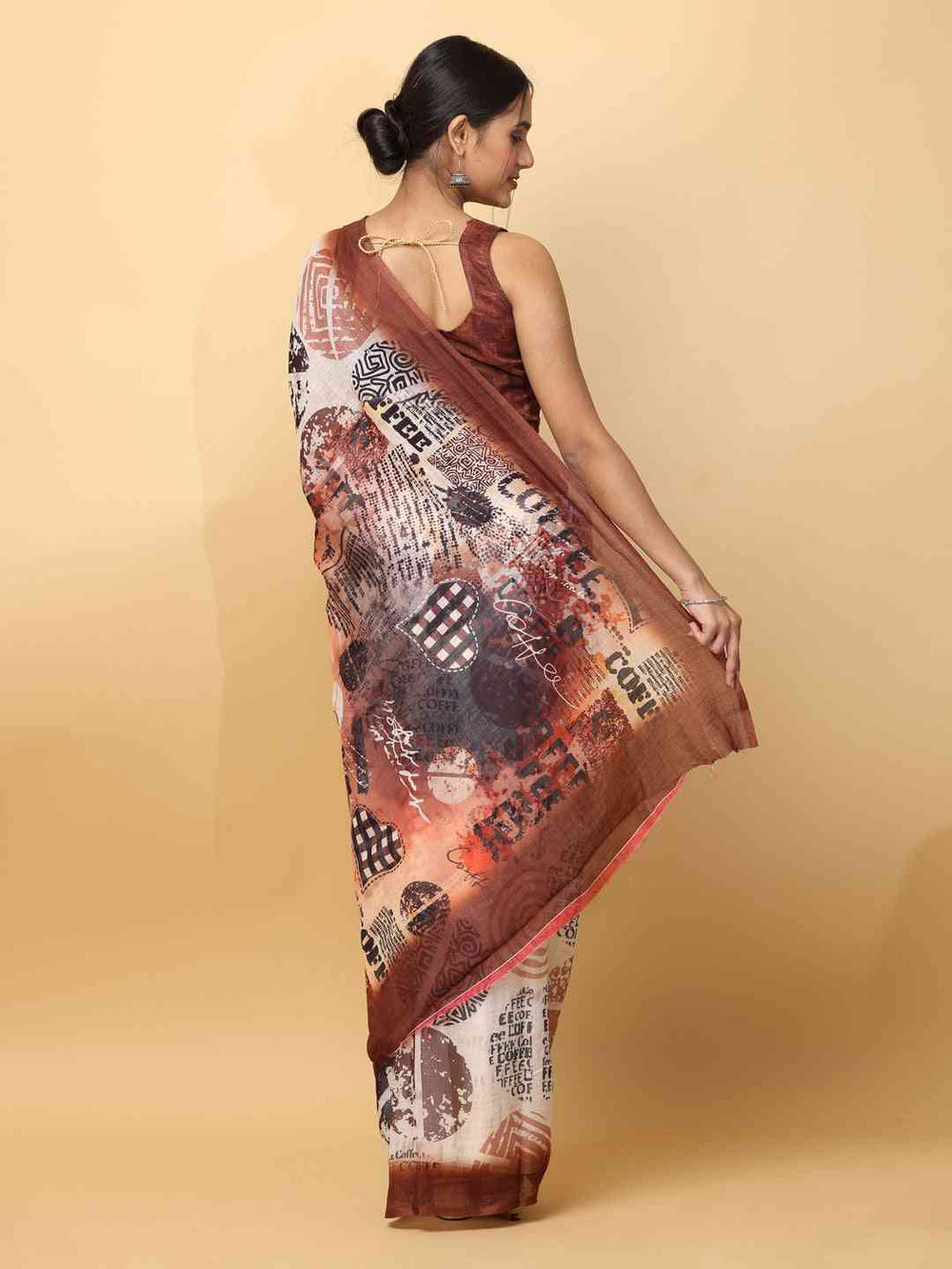 White & Brown Linen Printed Saree with Abstract Coffee Motifs