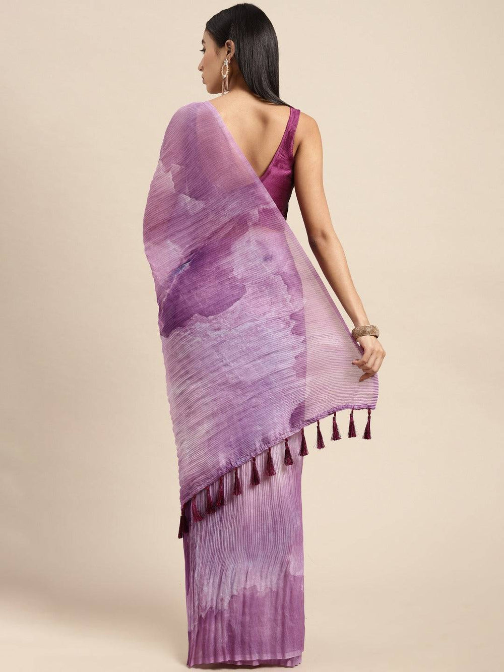 Lavender Pleated Organza Saree with Subtle Tie Dye Effect & Tassel Pallu