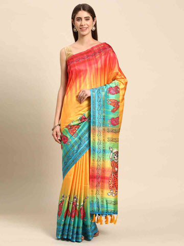 Multicolor Linen Silk Saree with Traditional Dancing Figure Print & Tassel Pallu