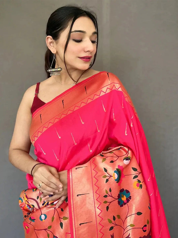 Rani Pink Soft Silk Saree with Multicolor Peacock & Floral Pallu