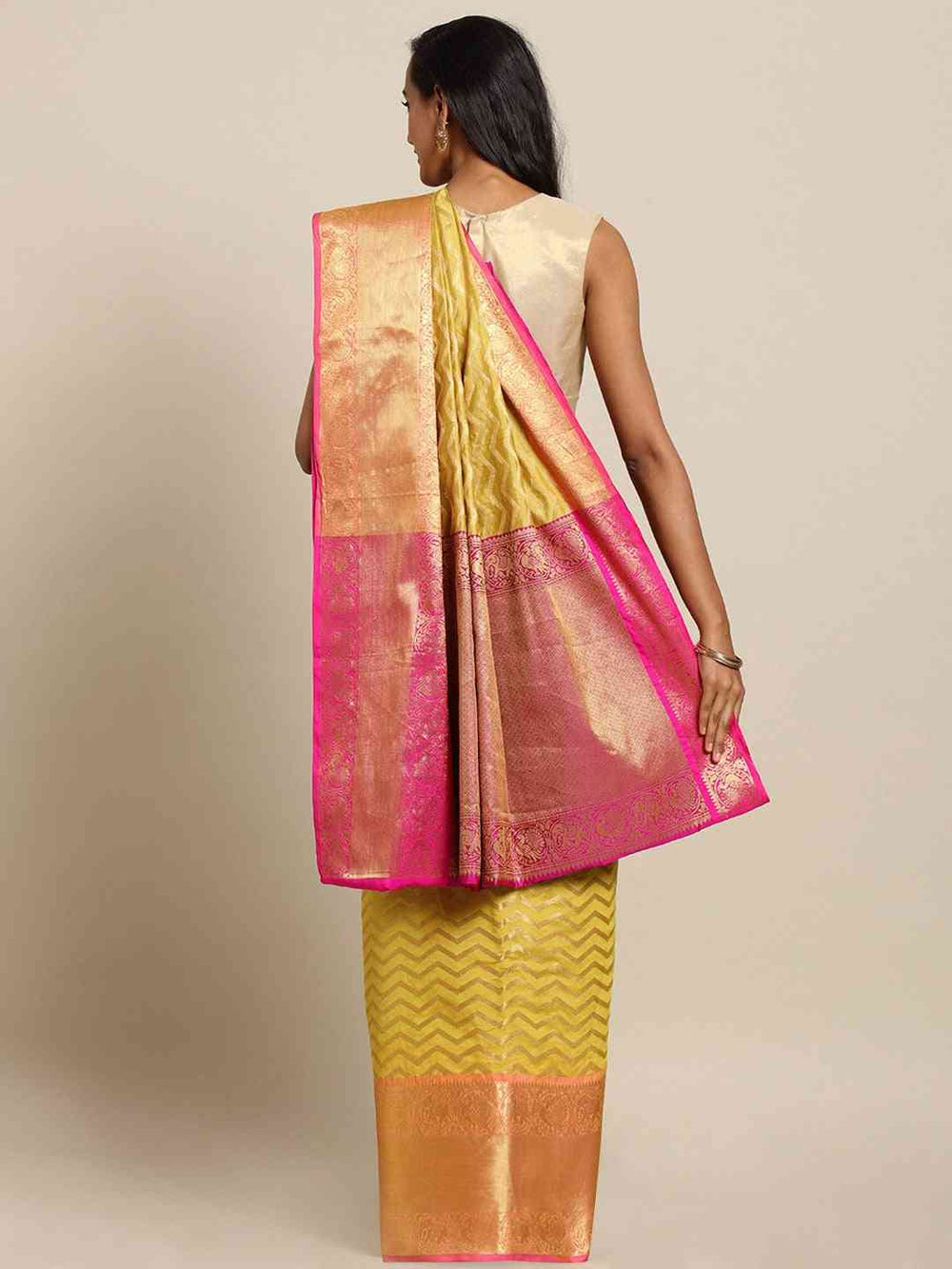 Yellow Banarasi Silk Saree with Gold Zari Chevron Weave & Contrast Pink Border
