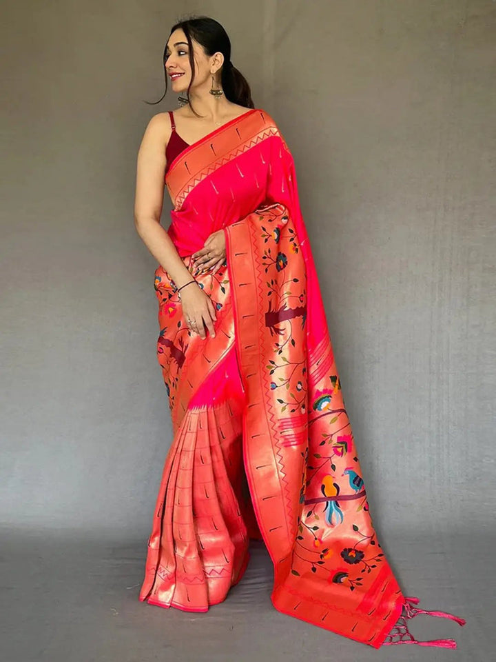 Rani Pink Soft Silk Saree with Multicolor Peacock & Floral Pallu