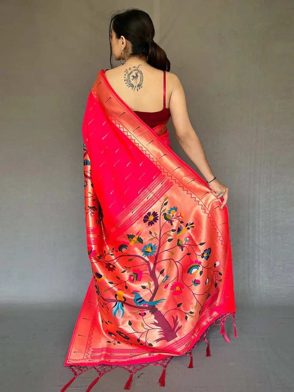 Rani Pink Soft Silk Saree with Multicolor Peacock & Floral Pallu