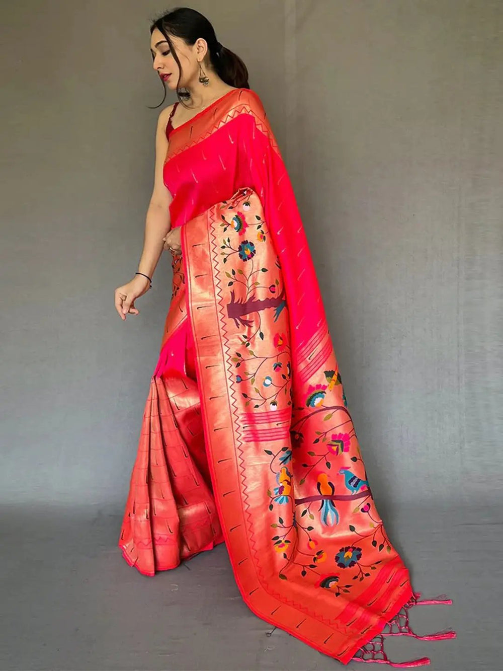 Rani Pink Soft Silk Saree with Multicolor Peacock & Floral Pallu