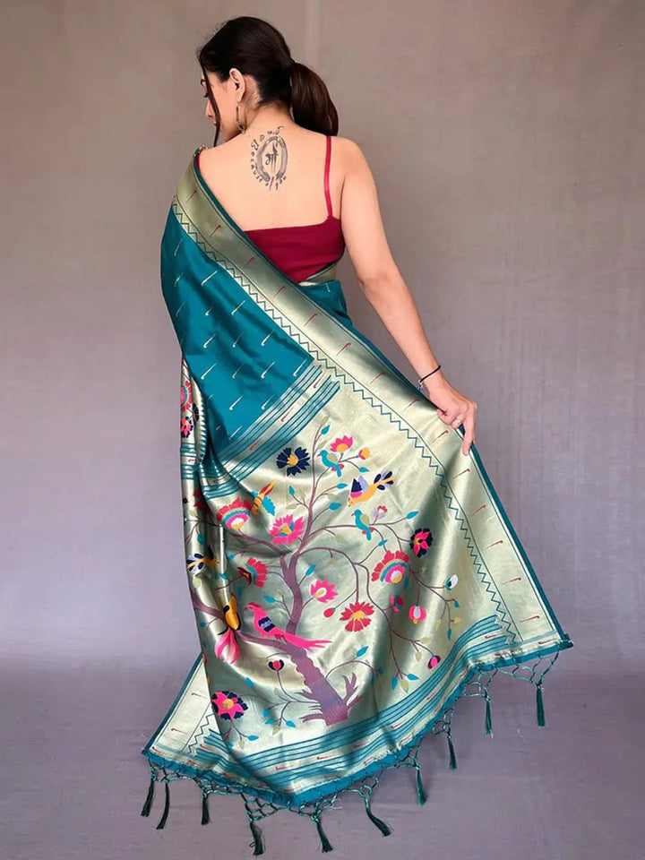 Teal Green Soft Silk Saree with Multicolor Floral Peacock Pallu & Elegant Woven Border