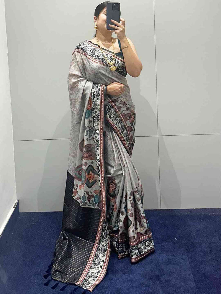 Grey Soft Silk Saree with Kalamkari Style Print & Black Zari Border