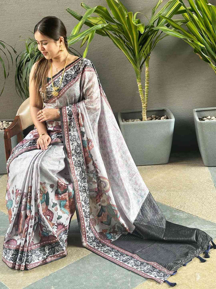 Grey Soft Silk Saree with Kalamkari Style Print & Black Zari Border
