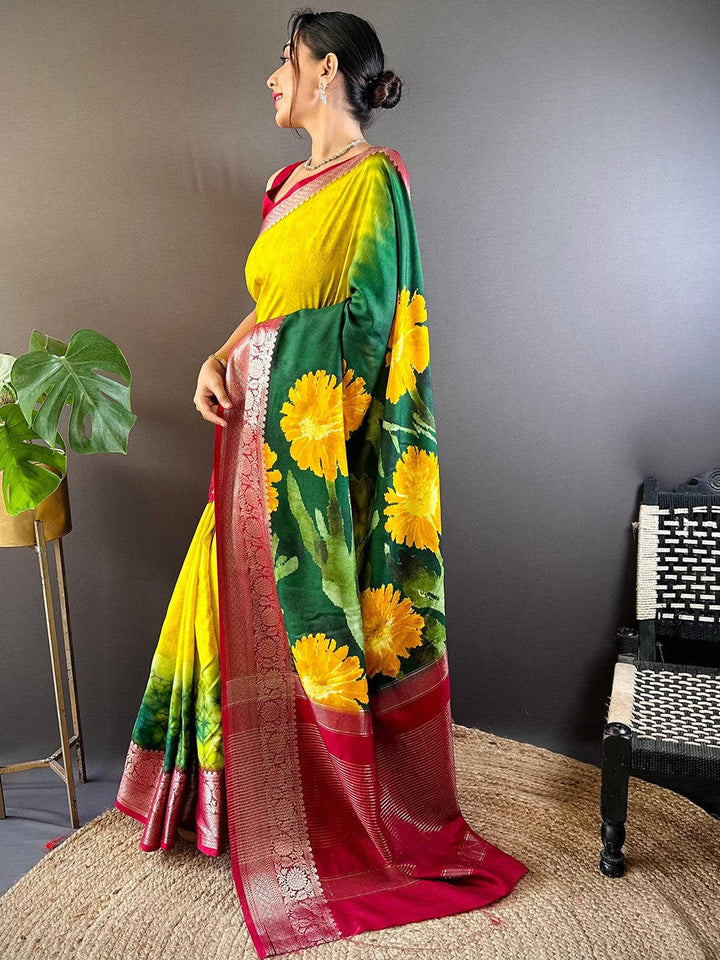 Vibrant Yellow & Green Banarasi Silk Saree with Red Zari Border and Floral Print