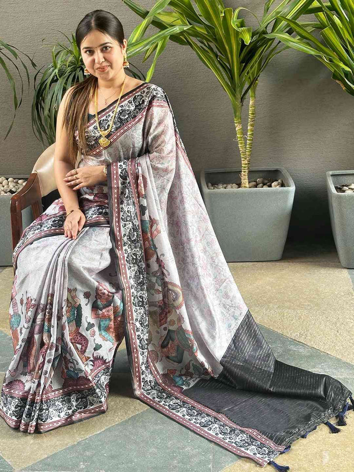 Grey Soft Silk Saree with Kalamkari Style Print & Black Zari Border