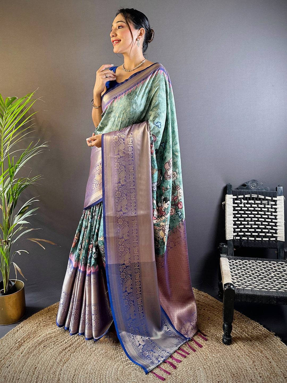 Elegant Green & Purple Banarasi Silk Saree with Royal Zari Border and Artistic Print