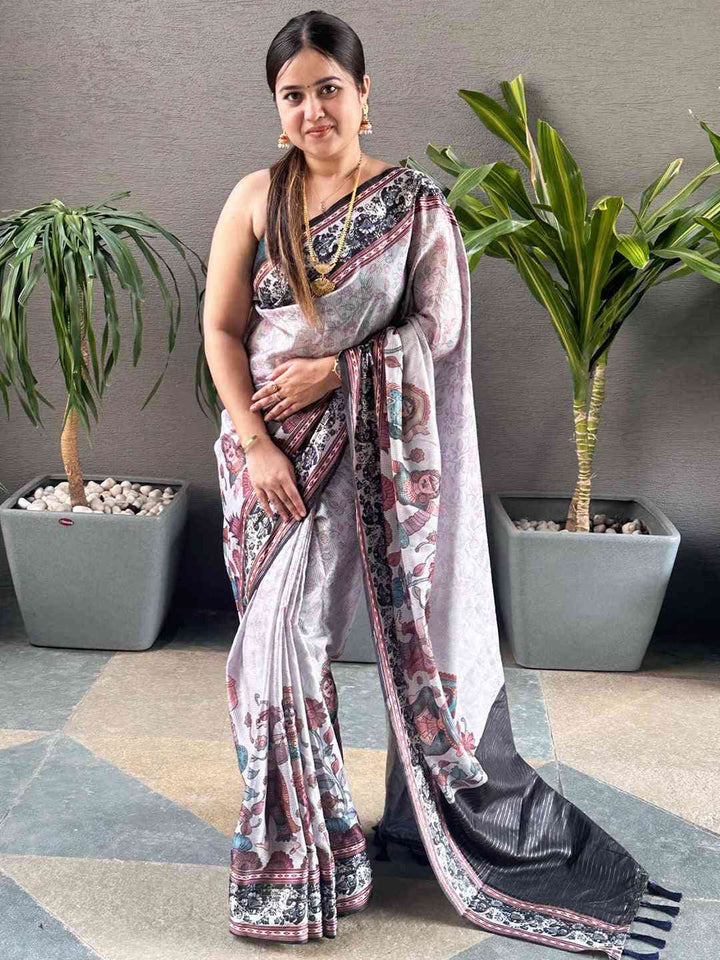 Grey Soft Silk Saree with Floral Kalamkari Print & Black Zari Border