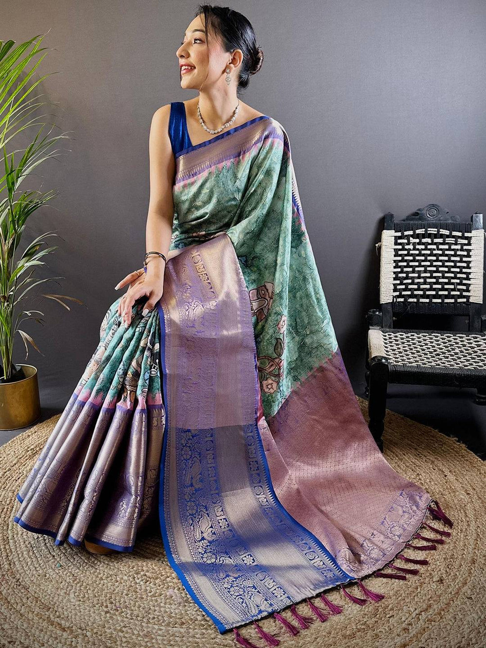 Elegant Green & Purple Banarasi Silk Saree with Royal Zari Border and Artistic Print