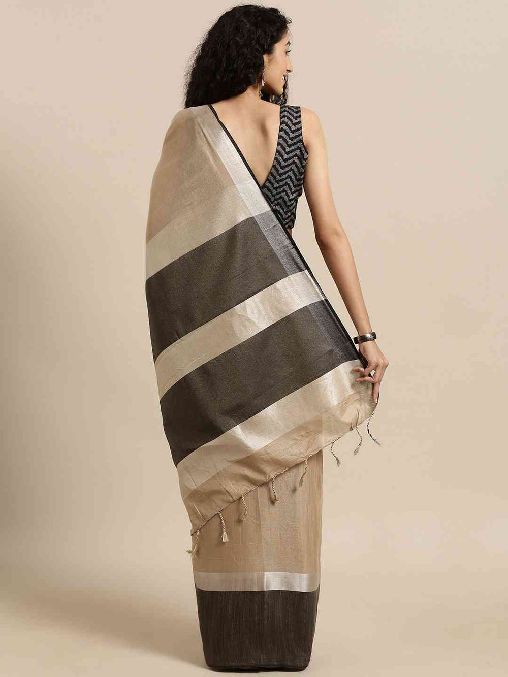 Beige & Black Linen Silk Saree with Silver Zari Border