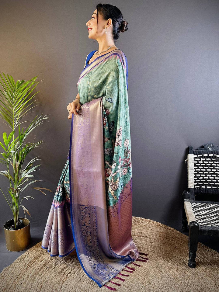 Elegant Green & Purple Banarasi Silk Saree with Royal Zari Border and Artistic Print